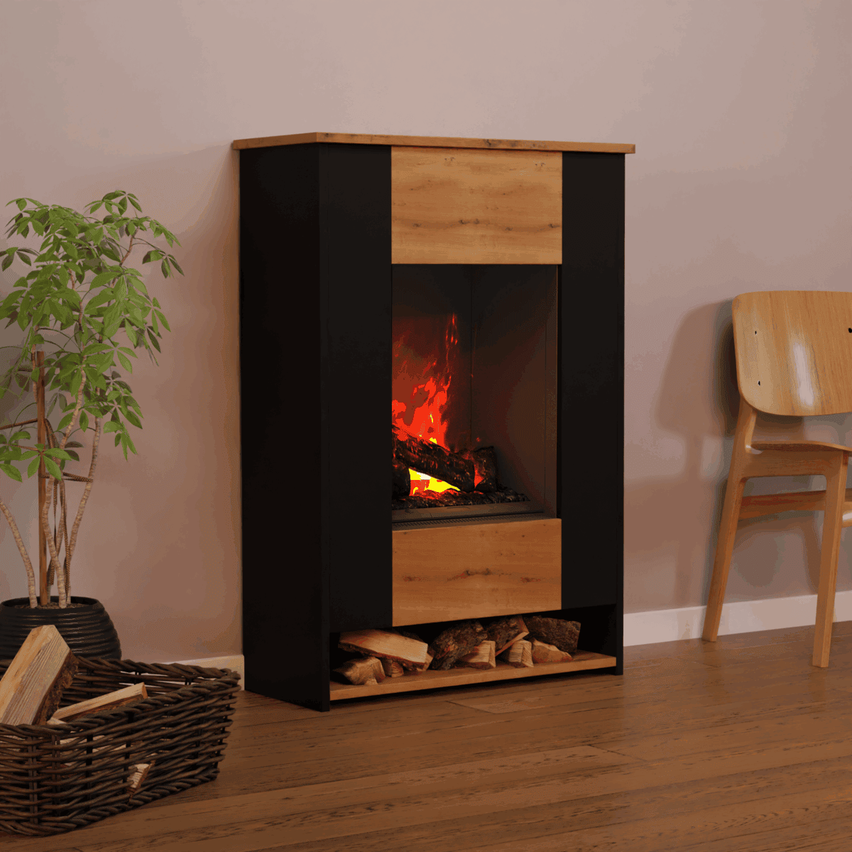 Aerzener Elektrokamin Aachen in Holzoptik mit 3D-Optimyst-Flammeneffekt, Heizfunktion und Holzfach Garvens