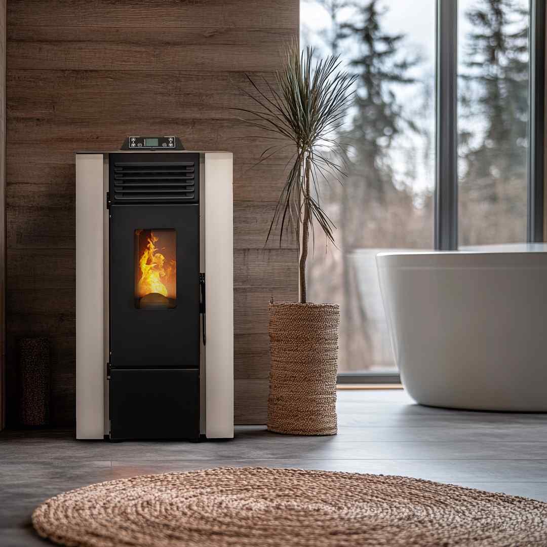 Stufa a pellet 9 kW Qubo con pacchetto Wi-Fi · 80 m² · serbatoio da 15 kg