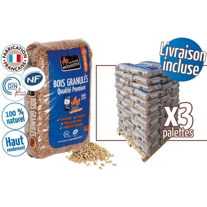 Holzpellets 216 x 15 kg Sackware 3.240 kg auf 3 Paletten, Woodstock DINplus und NF-zertifiziert aus 100 % Nadelholz